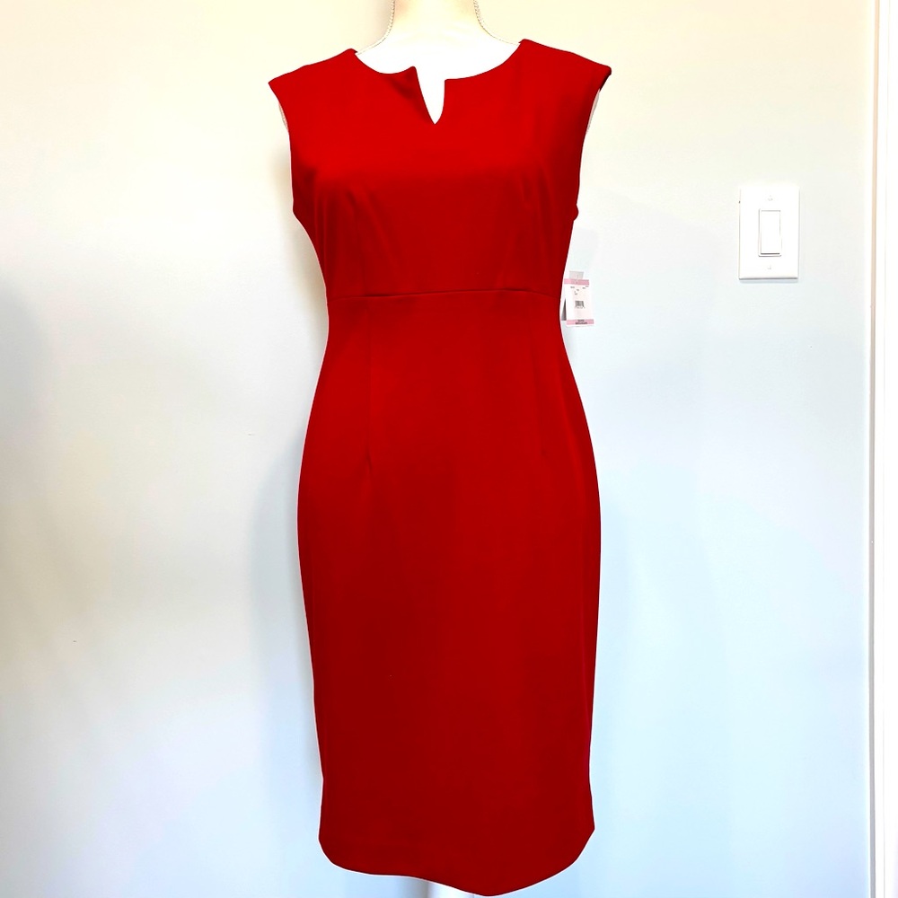 Kasper Red Sleeveless Sheath Dress Keyhole Style Scoop Neck Hem Slit NWT 6P
